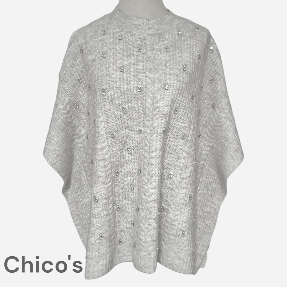 Chico's Gray Oversized Poncho Style Sweater with Rhinestones and Dolman Sleeves